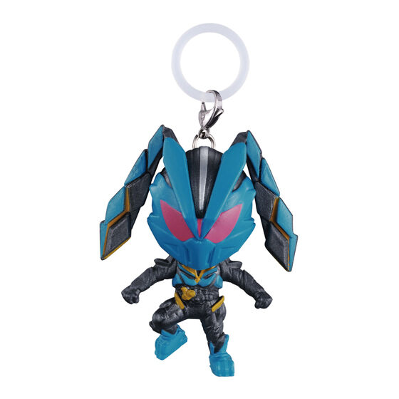 仮面ライダーダット:青緑のマスクにピンクの目。左右の長い装飾と、青緑の靴が目印です。