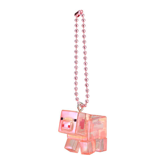 PIG（ブタ）：ピンク系の四角い頭と体、突き出た鼻、4本の脚。ピンク系のチェーン付き。