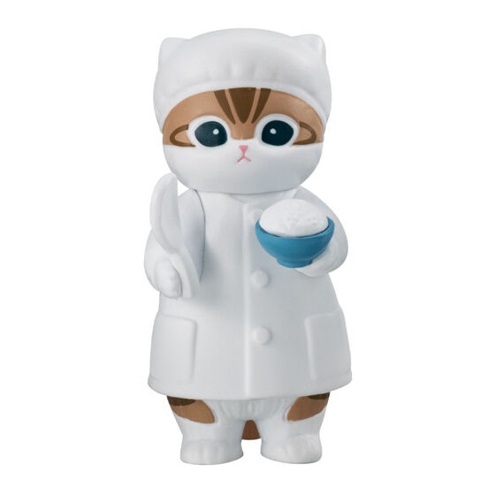 しゃもじ。茶系のしま模様の猫が、白いしゃもじと青いごはん茶碗を持つ姿