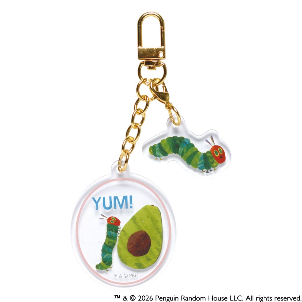 YUM!：丸い白地にアボカドとあおむし。上部に青い「YUM!」