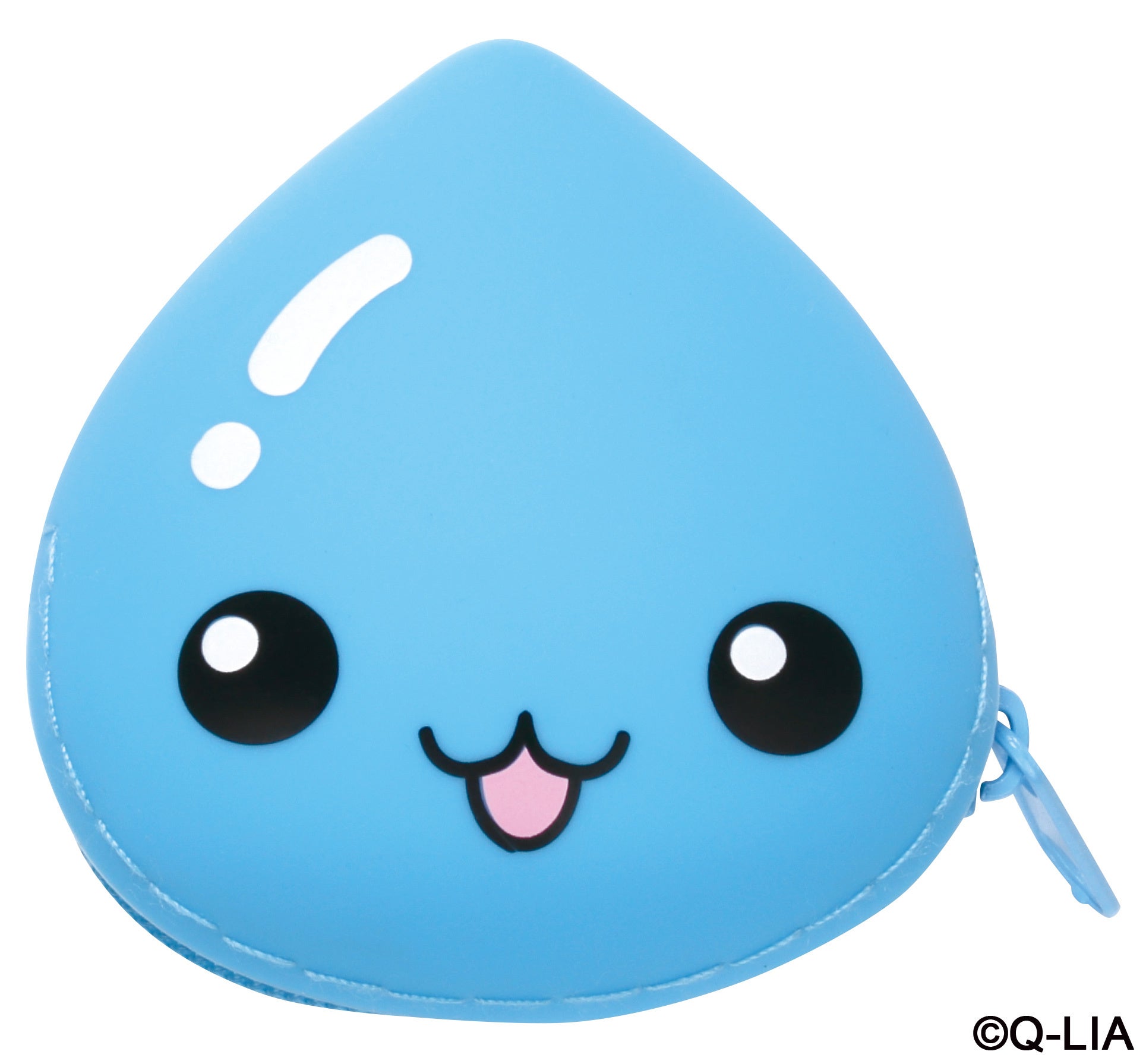 しずくちゃん（えがお）：水色の本体、丸い黒い目、開いた口