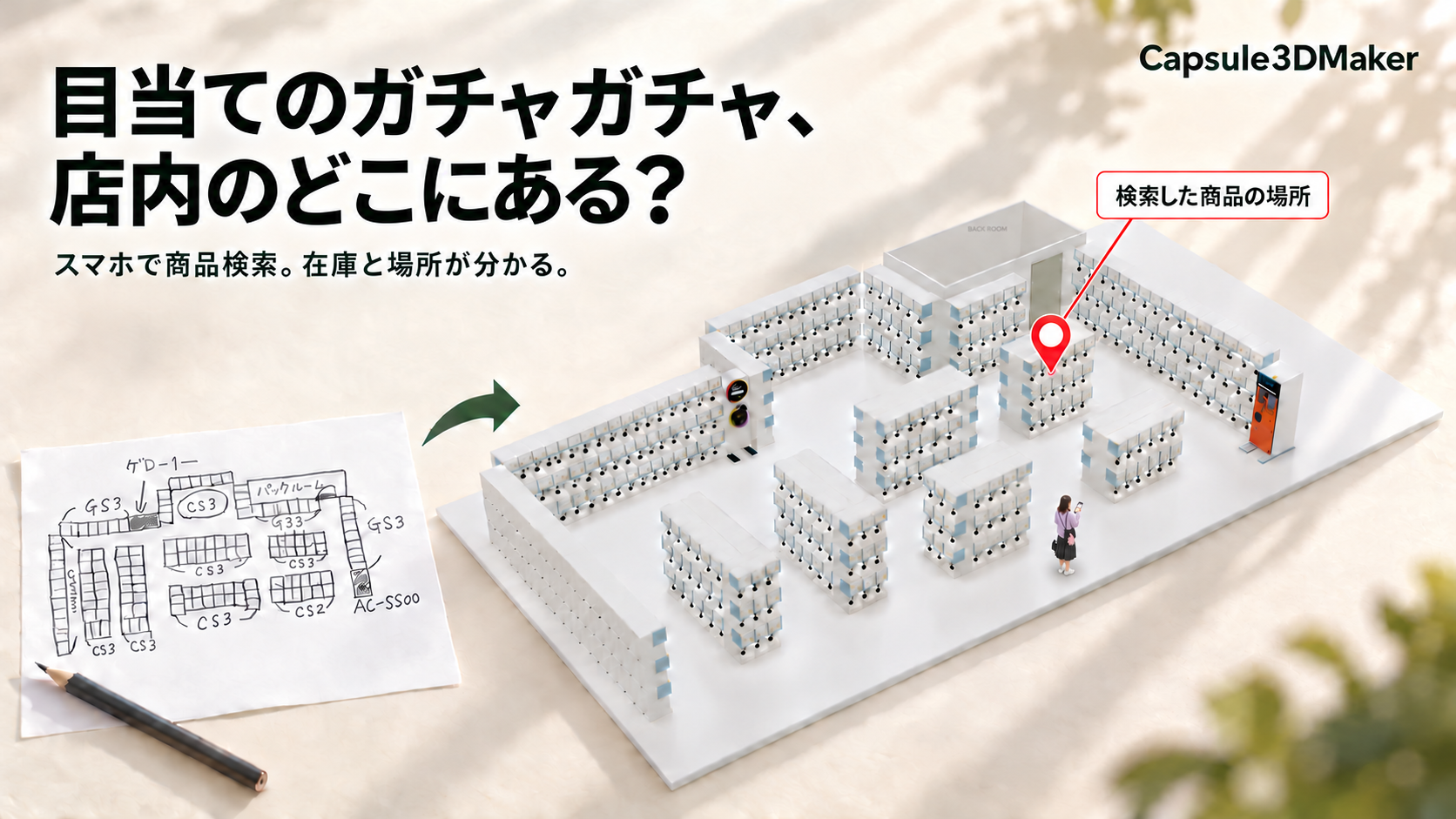 手書きの配置図から3D店内マップへつなぐ正式機能イメージ。実店舗の現時点の在庫や当メディアによる実操作画面ではありません